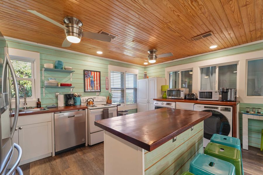Kitchen with counter and seating