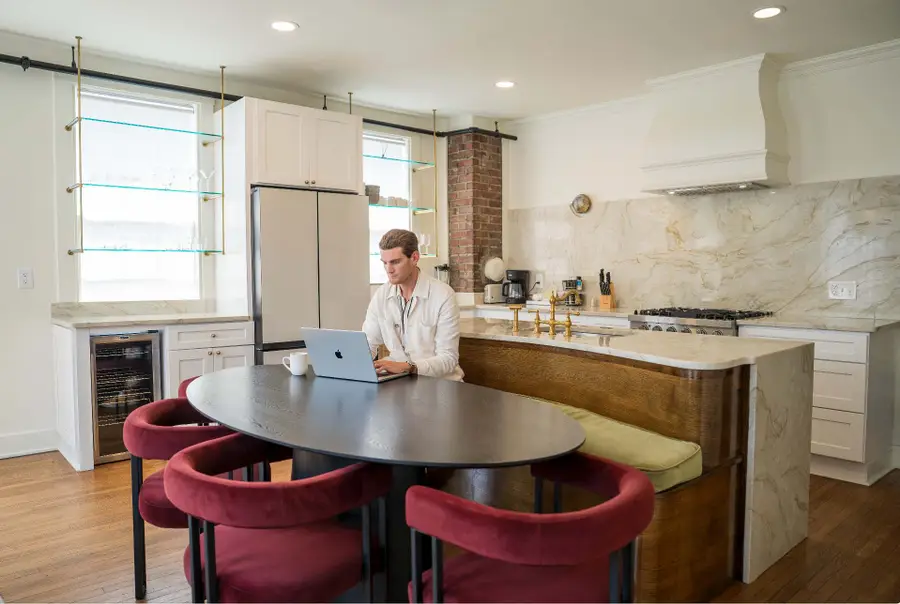 Luxe kitchen for remote work, dining, and visiting with friends.