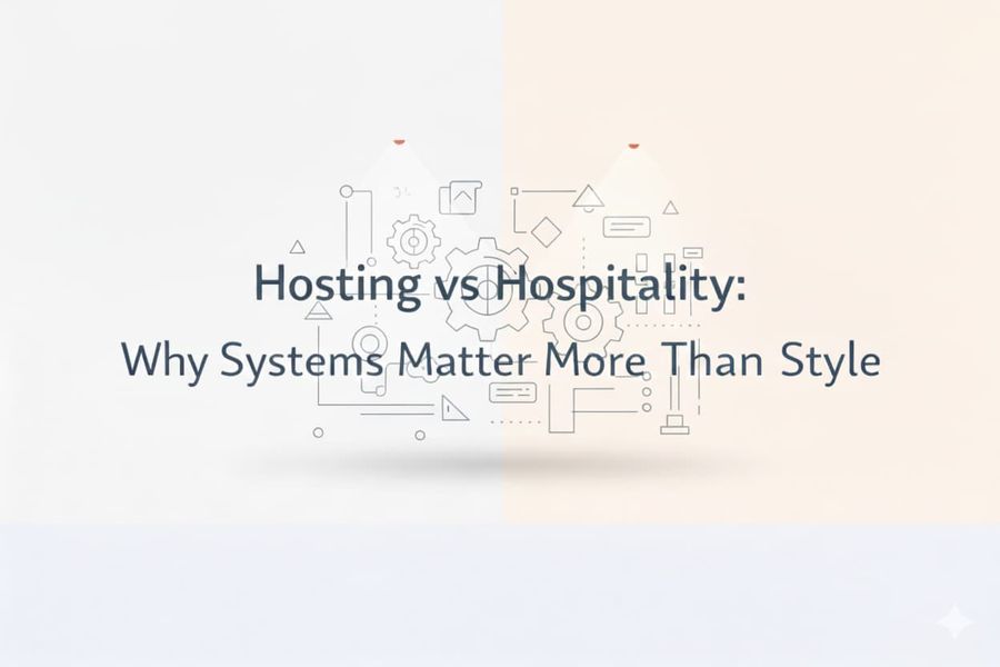 Comparison of hosting versus hospitality systems in short-term rental operations.